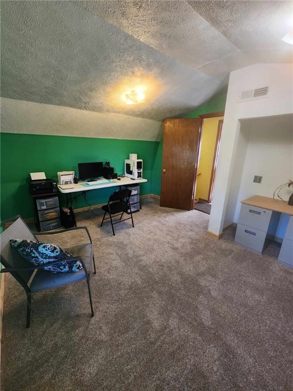 46 Hathcoat Rd, Harrison, AR 72601 - home office with a textured ceiling, lofted ceiling, and carpet flooring