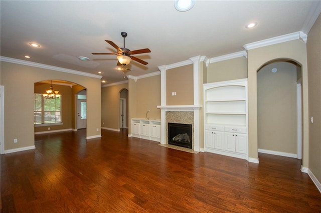 3402 Crosswinds Blvd, Bentonville, AR 72713 - unfurnished living room with ceiling fan, a fireplace with flush hearth, wood finished floors, arched walkways, and recessed lighting