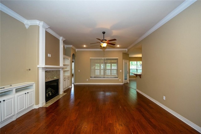 3402 Crosswinds Blvd, Bentonville, AR 72713 - unfurnished living room with ceiling fan, wood finished floors, a fireplace with flush hearth, recessed lighting, and crown molding