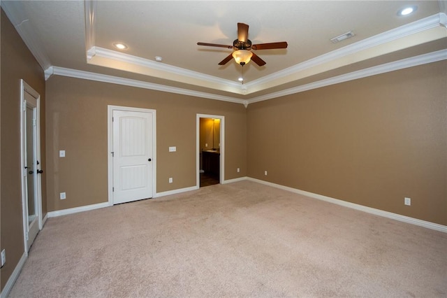 3402 Crosswinds Blvd, Bentonville, AR 72713 - unfurnished bedroom with a tray ceiling, light carpet, ornamental molding, connected bathroom, and recessed lighting