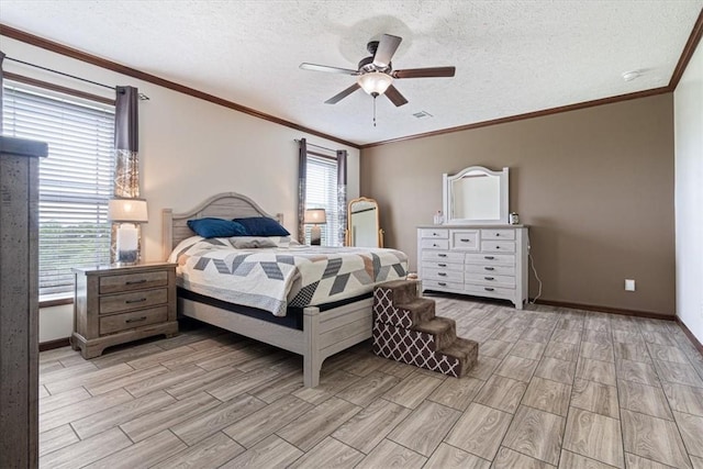 21018 Farm Rd Unit 2260, Eagle Rock, MO 65641 - bedroom with light wood finished floors, ceiling fan, a textured ceiling, and ornamental molding