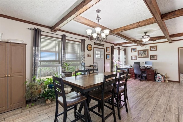 21018 Farm Rd Unit 2260, Eagle Rock, MO 65641 - dining space featuring light wood-type flooring, beam ceiling, a textured ceiling, ceiling fan, and a desk