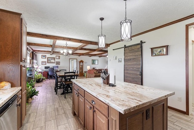 21018 Farm Rd Unit 2260, Eagle Rock, MO 65641 - kitchen with a barn door, dishwasher, open floor plan, pendant lighting, and coffered ceiling