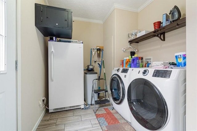 21018 Farm Rd Unit 2260, Eagle Rock, MO 65641 - laundry room featuring washer and dryer, ornamental molding, light wood finished floors, and a textured ceiling
