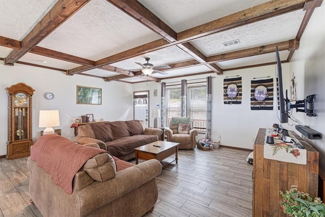21018 Farm Rd Unit 2260, Eagle Rock, MO 65641 - living room with a textured ceiling, beamed ceiling, coffered ceiling, light wood-style floors, and a ceiling fan