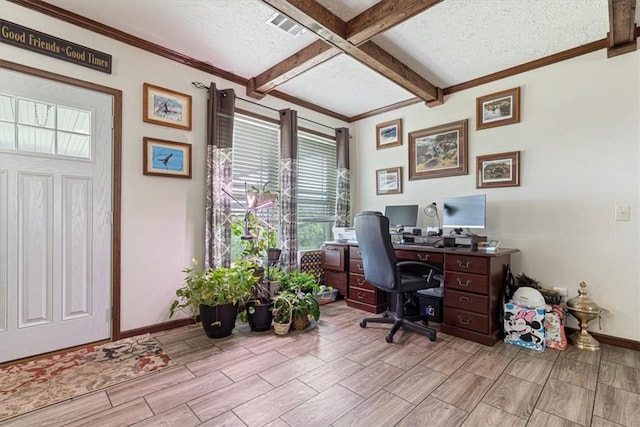 21018 Farm Rd Unit 2260, Eagle Rock, MO 65641 - home office featuring wood finish floors, beamed ceiling, and a textured ceiling