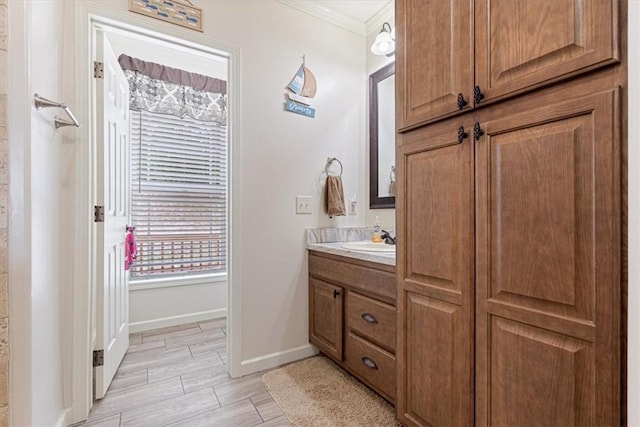 21018 Farm Rd Unit 2260, Eagle Rock, MO 65641 - bathroom featuring vanity, crown molding, and wood finish floors