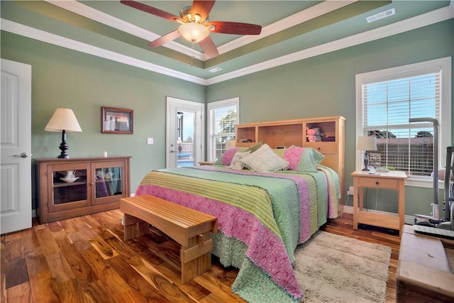 460 Viney Grove Rd, Prairie Grove, AR 72753 - bedroom featuring ornamental molding, access to exterior, wood finished floors, a raised ceiling, and a ceiling fan
