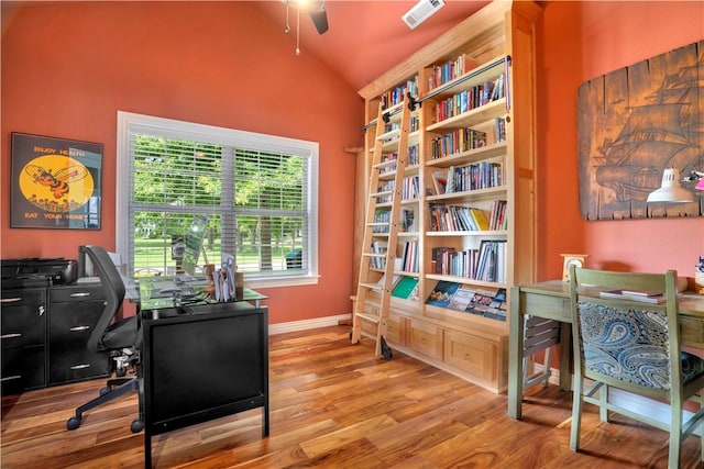 460 Viney Grove Rd, Prairie Grove, AR 72753 - office area with lofted ceiling, a ceiling fan, and wood finished floors