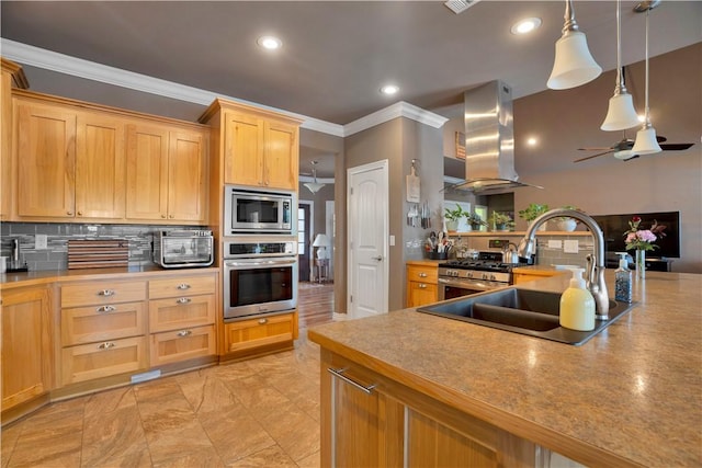 460 Viney Grove Rd, Prairie Grove, AR 72753 - kitchen featuring stainless steel appliances, island exhaust hood, ornamental molding, tasteful backsplash, and recessed lighting