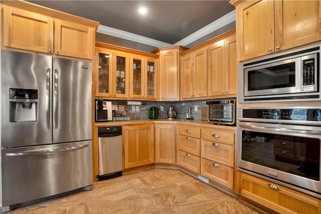 460 Viney Grove Rd, Prairie Grove, AR 72753 - kitchen with appliances with stainless steel finishes, crown molding, decorative backsplash, glass insert cabinets, and recessed lighting
