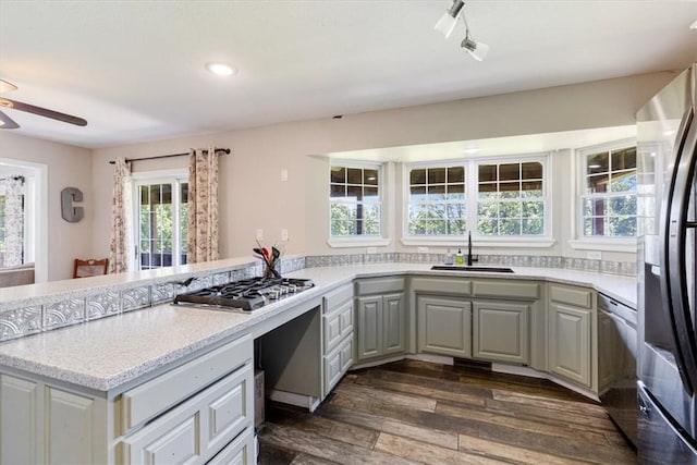 2042 Greasy Creek Ln, Washburn, MO 65772 - kitchen featuring appliances with stainless steel finishes, ceiling fan, dark wood-style floors, gray cabinetry, and a peninsula