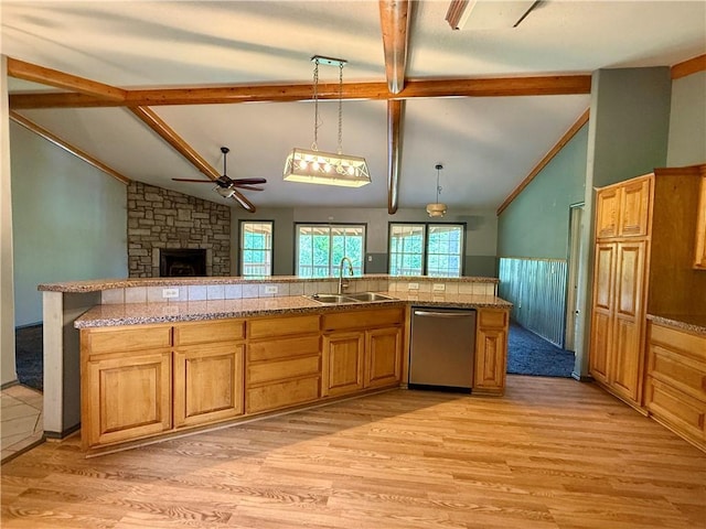 14076 Canal St, Rogers, AR 72758 - kitchen with dishwasher, light wood-type flooring, ceiling fan, open floor plan, and a wainscoted wall