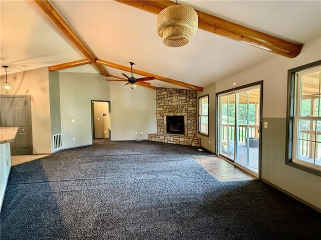 14076 Canal St, Rogers, AR 72758 - unfurnished living room featuring a fireplace, carpet, and ceiling fan