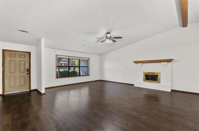 5315 Walden St, Lowell, AR 72745 - unfurnished living room with a ceiling fan, lofted ceiling, wood finished floors, and a brick fireplace