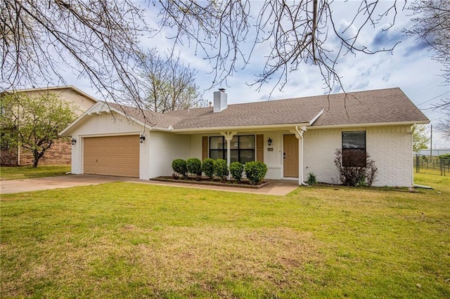 5315 Walden St, Lowell, AR 72745 - ranch-style house featuring a garage, a chimney, concrete driveway, brick siding, and a shingled roof
