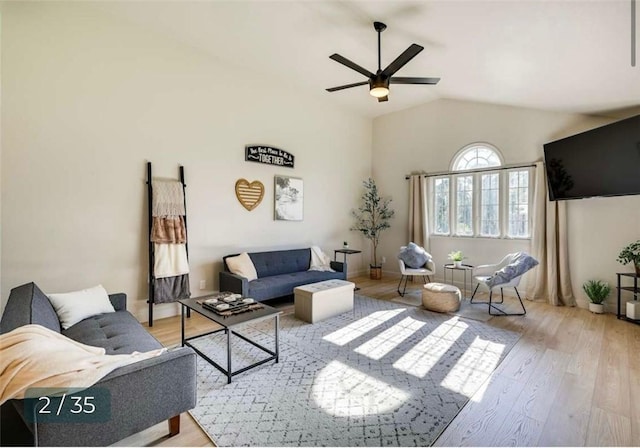 5 Horseshoe Dr, Holiday Island, AR 72631 - living room with a ceiling fan, light wood-style flooring, and vaulted ceiling