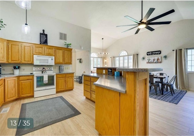 5 Horseshoe Dr, Holiday Island, AR 72631 - kitchen with white appliances, light wood-style flooring, a ceiling fan, plenty of natural light, and high vaulted ceiling