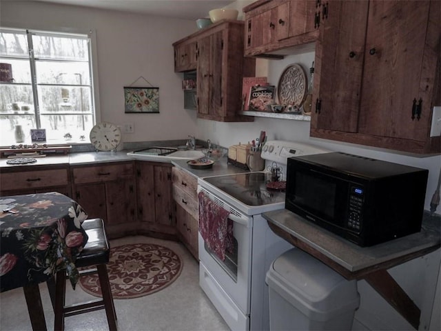 1042 County Road 445, Berryville, AR 72616 - kitchen featuring black microwave, electric stove, light countertops, and brown cabinets