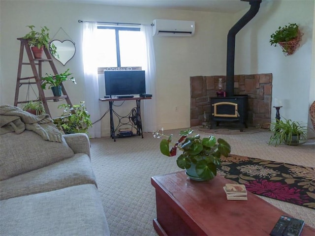 1042 County Road 445, Berryville, AR 72616 - living room with a wall unit AC, carpet floors, and a wood stove