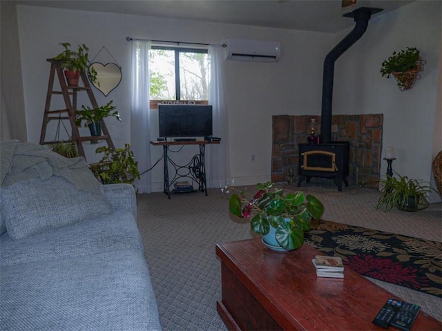 1042 County Road 445, Berryville, AR 72616 - carpeted living area featuring an AC wall unit and a wood stove