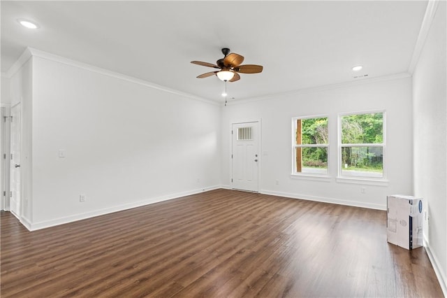 2 Wendike Ln, Bella Vista, AR 72715 - unfurnished living room with dark wood-type flooring, ceiling fan, ornamental molding, and recessed lighting