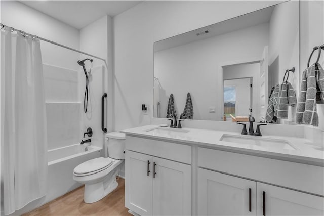 276 N Yona Ln, Farmington, AR 72730 - bathroom with wood finished floors, double vanity, and shower / bath combination with curtain