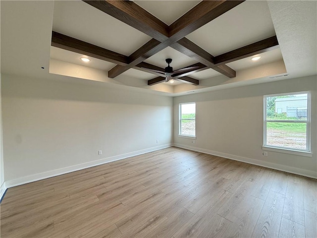 1215 John Renfro Rd, Pea Ridge, AR 72751 - empty room featuring a ceiling fan, beamed ceiling, light wood-style floors, coffered ceiling, and recessed lighting