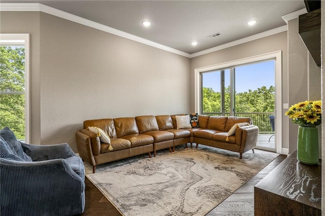 8 Mckenzie Way, Bella Vista, AR 72715 - living area featuring wood finished floors, healthy amount of natural light, recessed lighting, ornamental molding, and a textured wall