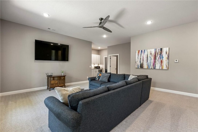 8 Mckenzie Way, Bella Vista, AR 72715 - living room featuring light carpet, a ceiling fan, and recessed lighting