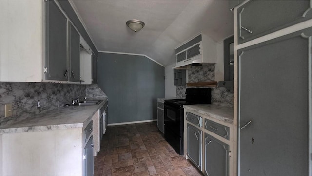 4436 State Highway 288, Subiaco, AR 72865 - kitchen featuring black range with electric stovetop, backsplash, lofted ceiling, light countertops, and under cabinet range hood