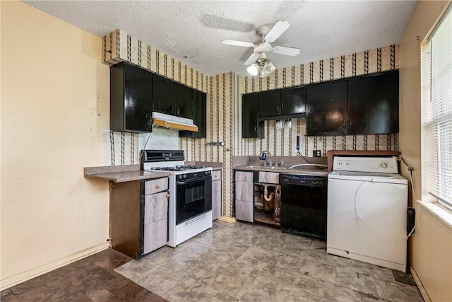2000 W Wood St, Rogers, AR 72756 - kitchen with gas range, dishwasher, washer / clothes dryer, under cabinet range hood, and dark cabinets