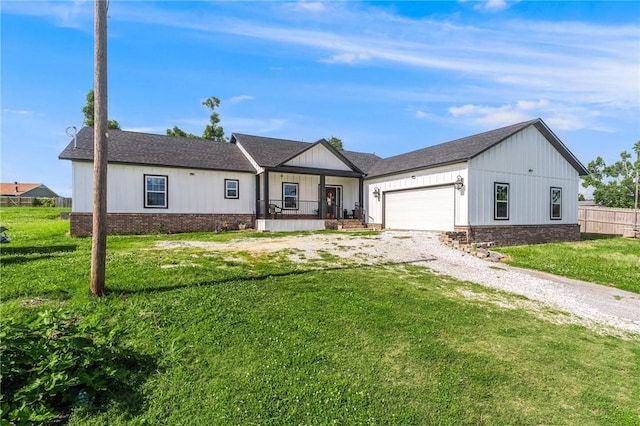 1209 W Olive St, Rogers, AR 72756 - modern inspired farmhouse with gravel driveway, a garage, a porch, roof with shingles, and board and batten siding