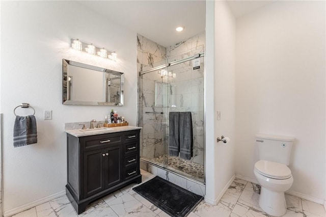 1209 W Olive St, Rogers, AR 72756 - bathroom featuring marble look tile flooring, vanity, a stall shower, and recessed lighting