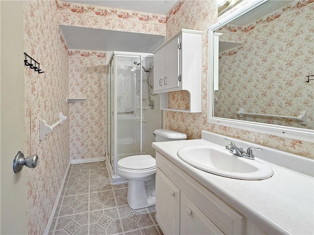 1906 S W End St, Springdale, AR 72764 - full bath with tile patterned floors, vanity, a shower stall, and wallpapered walls