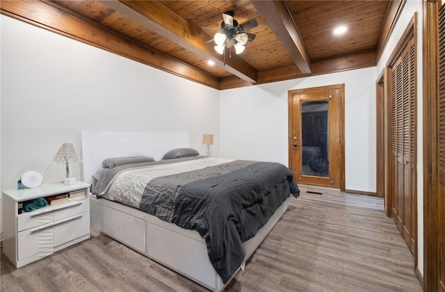 213 Suttle Dr, Springdale, AR 72764 - bedroom with a wood ceiling with exposed beams, light wood-style flooring, recessed lighting, and a ceiling fan