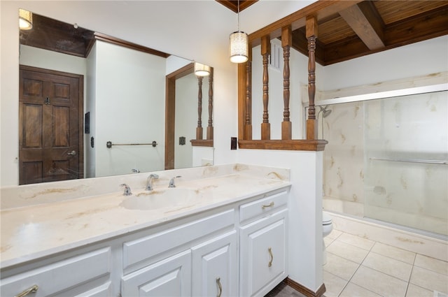 213 Suttle Dr, Springdale, AR 72764 - bathroom featuring a marble finish shower, vanity, a wooden ceiling with exposed beams, and tile patterned flooring