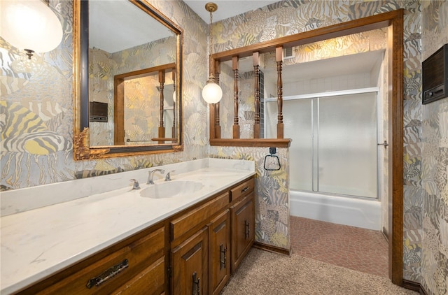 213 Suttle Dr, Springdale, AR 72764 - bathroom with wallpapered walls, vanity, and enclosed tub / shower combo