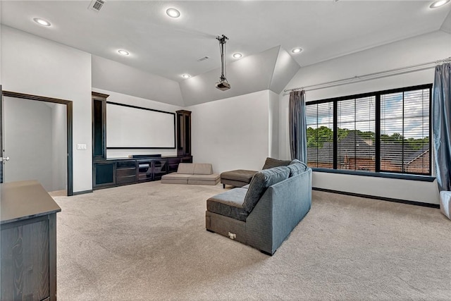 601 Chattin Cir, Bentonville, AR 72713 - home theater room with light carpet, vaulted ceiling, and recessed lighting