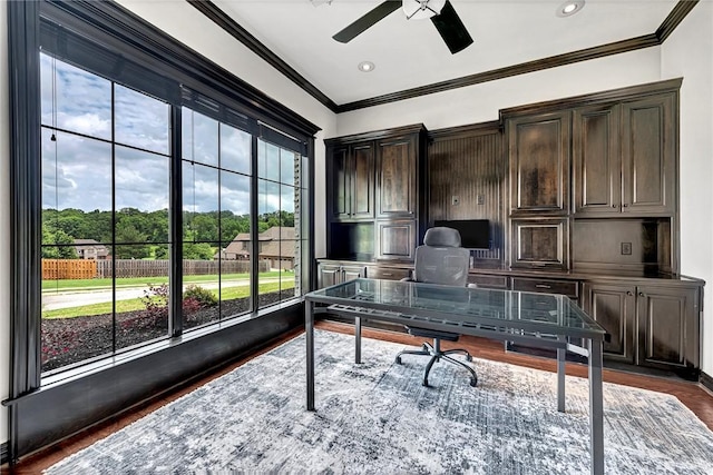 601 Chattin Cir, Bentonville, AR 72713 - office space with a ceiling fan, dark wood-type flooring, crown molding, and recessed lighting