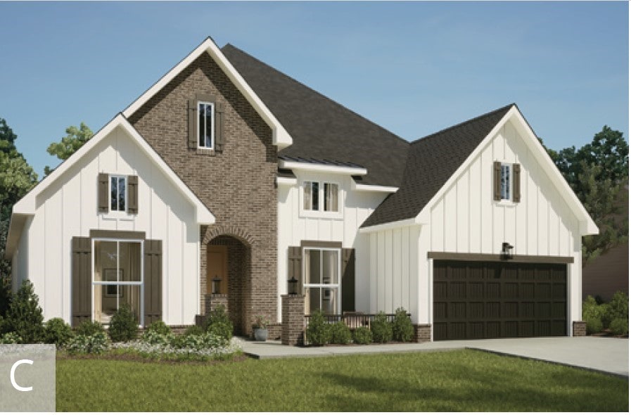 8801 Comet Dr, Bentonville, AR 72713 - modern farmhouse style home with board and batten siding, driveway, a front lawn, and brick siding