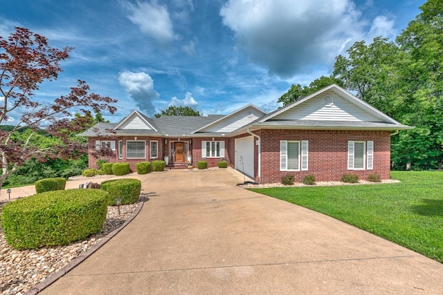8270 Titleist Cir, Rogers, AR 72756 - ranch-style home with brick siding, concrete driveway, an attached garage, and a front lawn