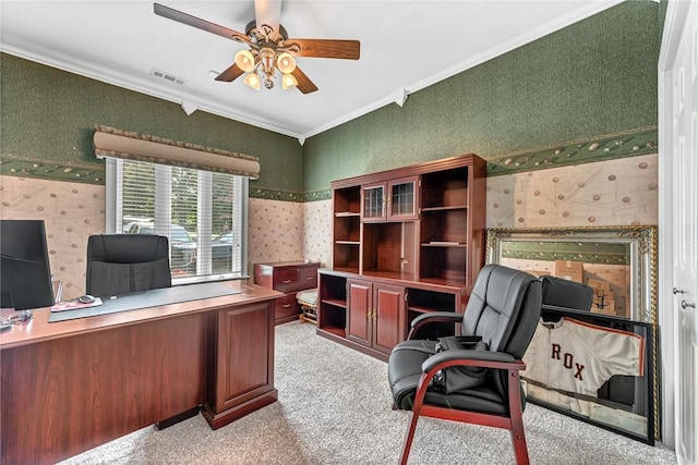 8270 Titleist Cir, Rogers, AR 72756 - home office featuring wallpapered walls, ornamental molding, ceiling fan, and light carpet