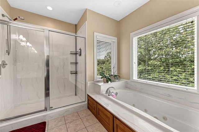 8270 Titleist Cir, Rogers, AR 72756 - full bathroom featuring a marble finish shower, a whirlpool tub, and tile patterned flooring