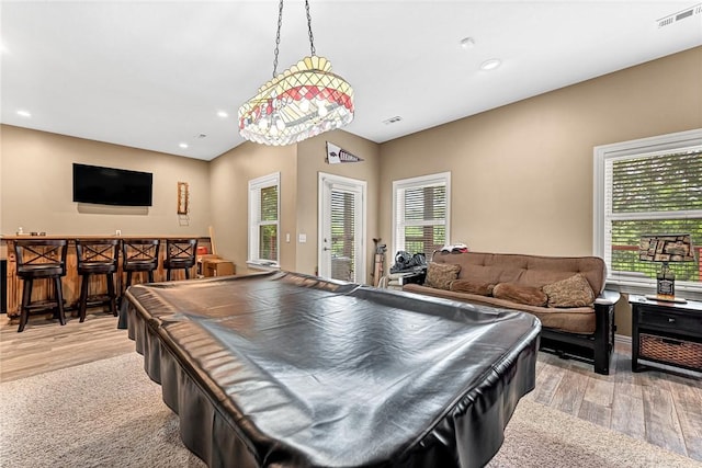 8270 Titleist Cir, Rogers, AR 72756 - game room with billiards, light wood-style flooring, a bar, and recessed lighting