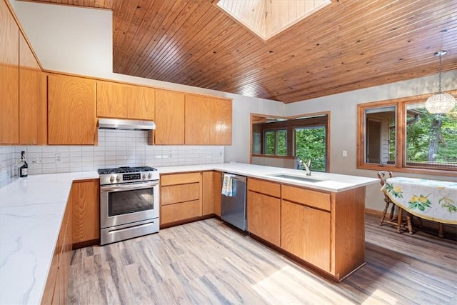 20 Kirkcudbright, Bella Vista, AR 72715 - kitchen with appliances with stainless steel finishes, extractor fan, a peninsula, wooden ceiling, and light wood-style flooring