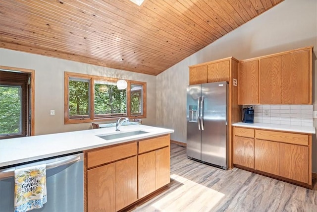 20 Kirkcudbright, Bella Vista, AR 72715 - kitchen featuring stainless steel appliances, lofted ceiling, wood ceiling, light countertops, and light wood-style flooring