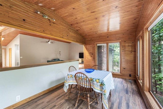 20 Kirkcudbright, Bella Vista, AR 72715 - dining area featuring lofted ceiling, wood ceiling, wood finished floors, wood walls, and ceiling fan