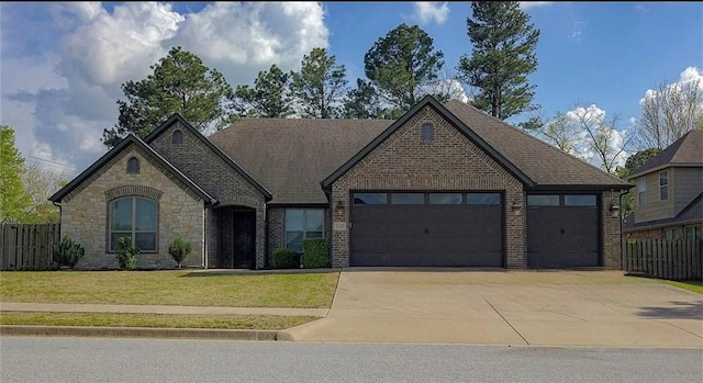 1730 Helen Ln, Bentonville, AR 72713 - french country home with an attached garage, concrete driveway, brick siding, and stone siding