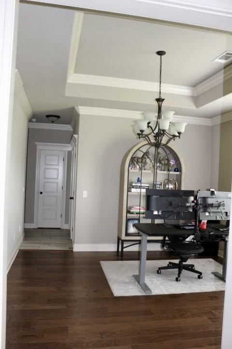 1730 Helen Ln, Bentonville, AR 72713 - dining room with a raised ceiling, crown molding, a chandelier, wood finished floors, and an office area